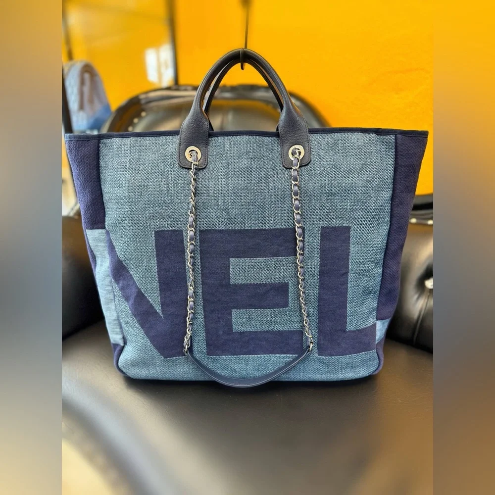 CHANEL Denim Deauville Logo Shopping Chain Tote Large Bag & Card - Picture 3 of 13